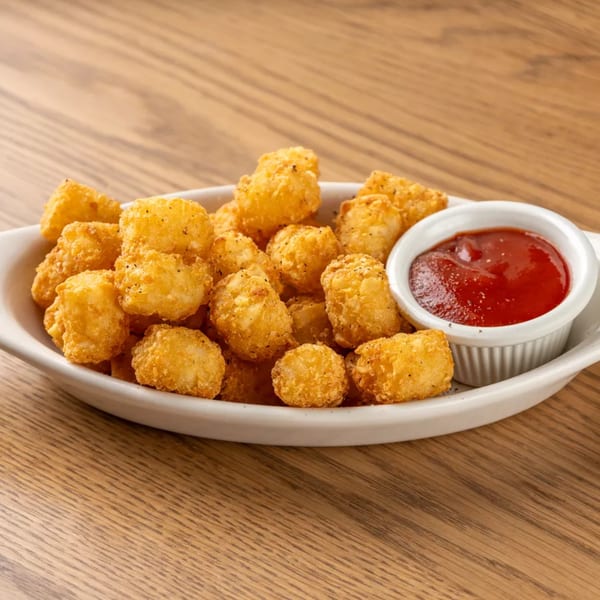 Golden brown tater tots in a white dish with a side of ketchup on a wooden table.